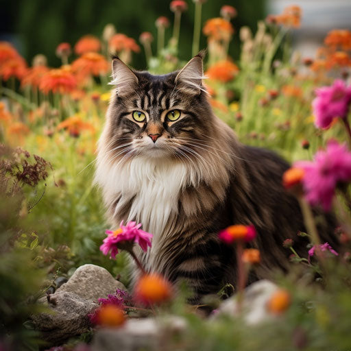 Norwegian forest cat in a flower bed with beautiful flowers