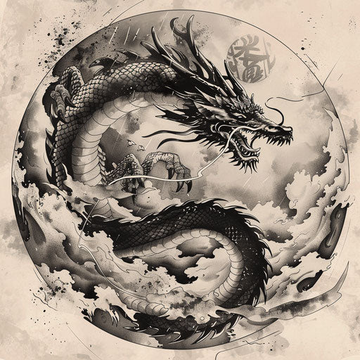 Dynamic flat tattoo sketch of a black dragon soaring over stormy clouds