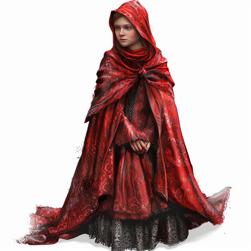 Little Red Riding Hood in a photo realistic style with a flat random background, metallic sheen, and realistic textures