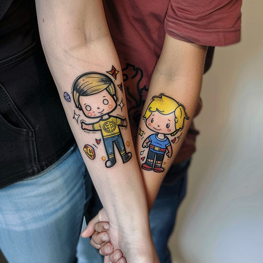 sibling tattoos in the style of Steve McNiven with comic book symbols