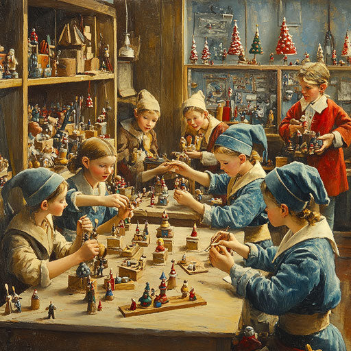 1930s toy workshop, elves hand-painting wooden toys for Christmas