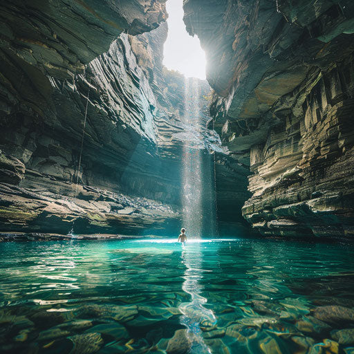 Ruby Falls with clear waters and rugged cliffs