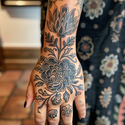 Detailed floral hand tattoo in M.S. Merian style