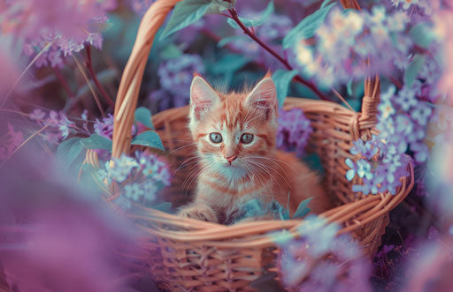 Orange kitten sitting in a basket in the spring garden