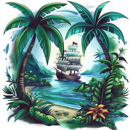 Exotic sketch of a pirate ship near a tropical island