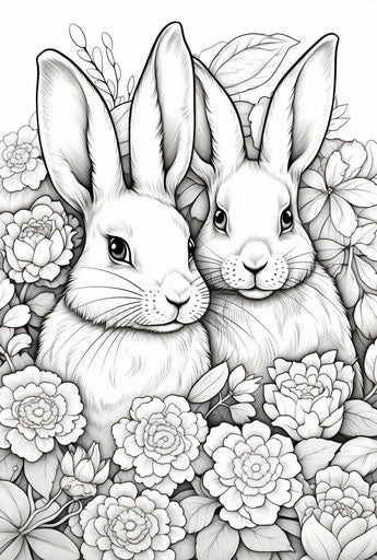 Two bunnies with flowers coloring pages, in the style of Ivanovich Pimenov, Gerda Taro, Margaret Brundage