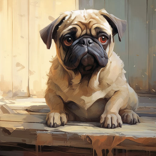 Pug dog sitting in cartoon realism style, animated GIFs, beige