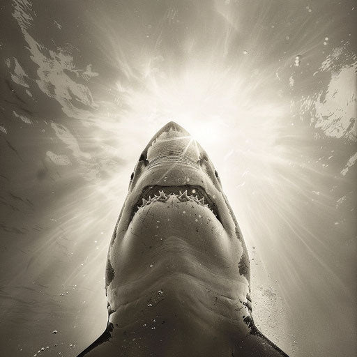 Great white shark seen from below against a bright sun