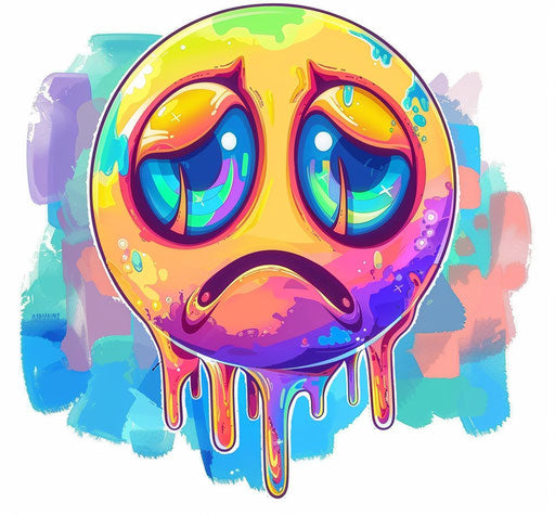 Sad emoji, tears, white background, cute cartoon style, colorful like an artist's work.