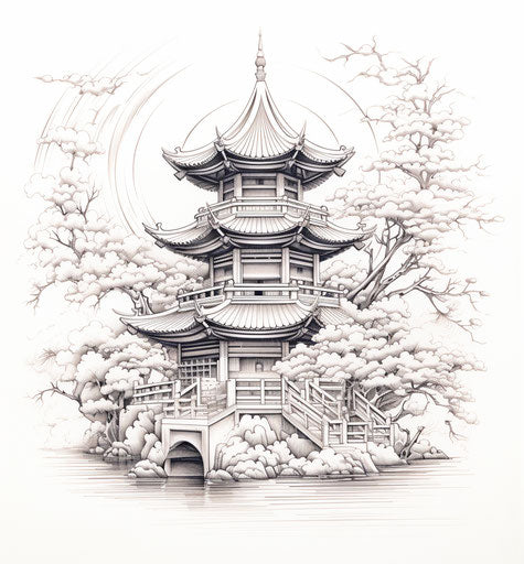 Asian symbol in pagoda outline intricate and delicate style