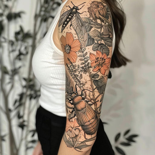 Women's sleeve tattoos: insects and exotic plants