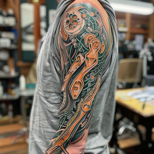 Biomechanical arm tattoo in the style of Guy Aitchison