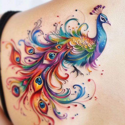 Psychedelic peacock tattoo on white backdrop