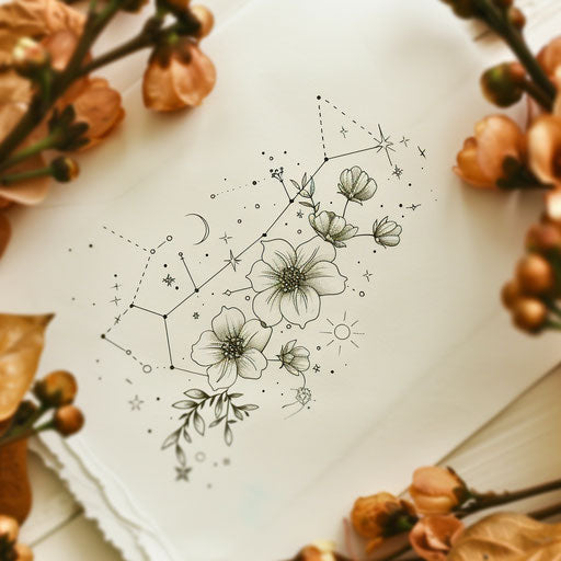 Elegant flat tattoo sketch of the Gemini constellation with delicate floral embellishments
