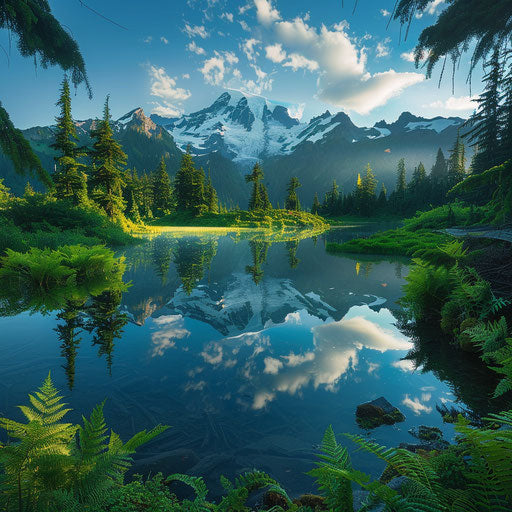 Serene alpine lake reflecting the majesty of Mount Baker at dawn
