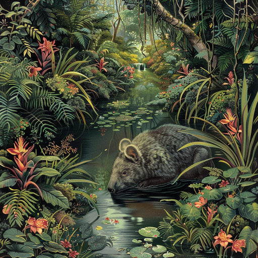 Wombat in a tranquil river surrounded by lush vegetation