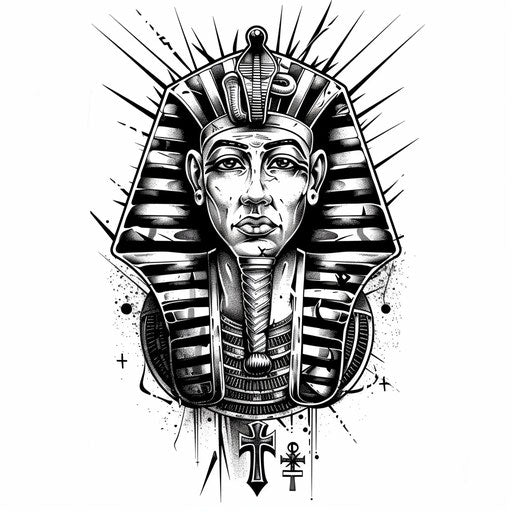 Cultural flat tattoo sketch of a pharaoh with Coptic Christian motifs and crosses