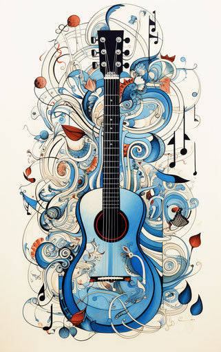 Ink drawing of guitar and musical notes