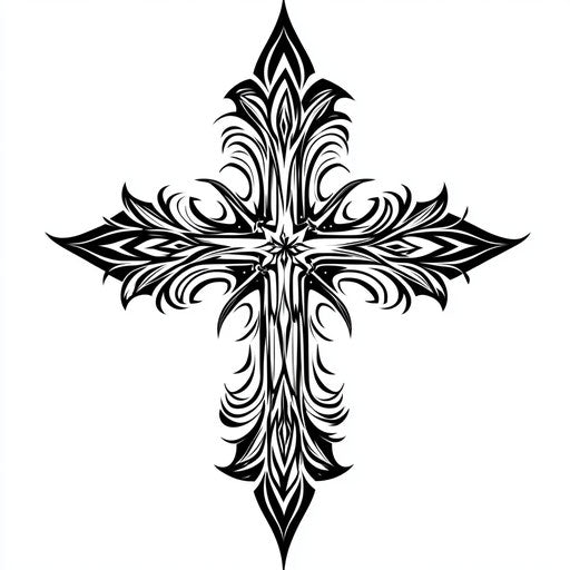 Detailed cross with tribal patterns on pure white background
