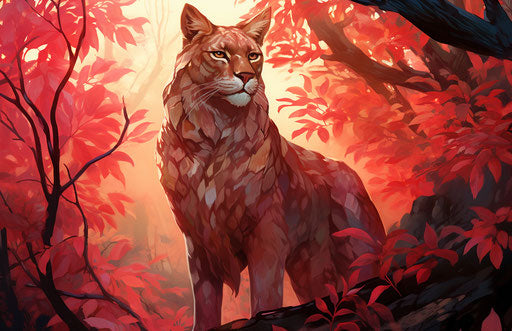 Young lynx in forest, light red and gold style, manticore 17:11