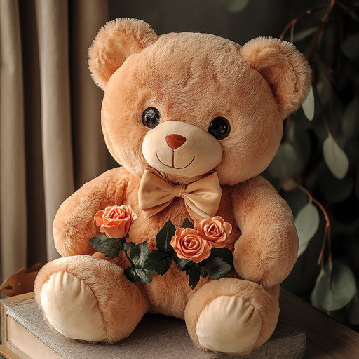 Plush teddy bear holding roses with a bow tie