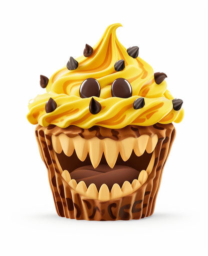 Yellow cupcake with brown frosting smiling on white background