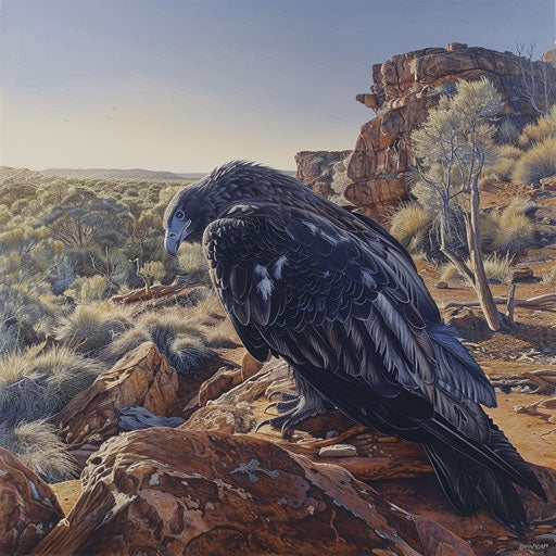 A wedge-tailed eagle grooming feathers on a sunny boulder