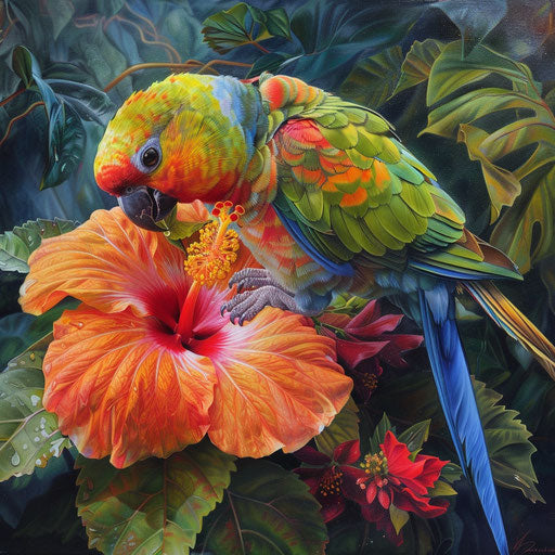 Swift parrot sipping nectar from tropical hibiscus