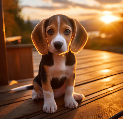 Adorable beagle puppy on wooden deck, eyes wide open