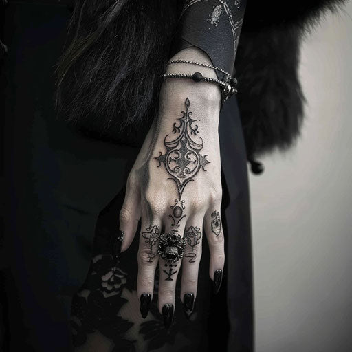 Dark tattoo design for women with mysterious symbols