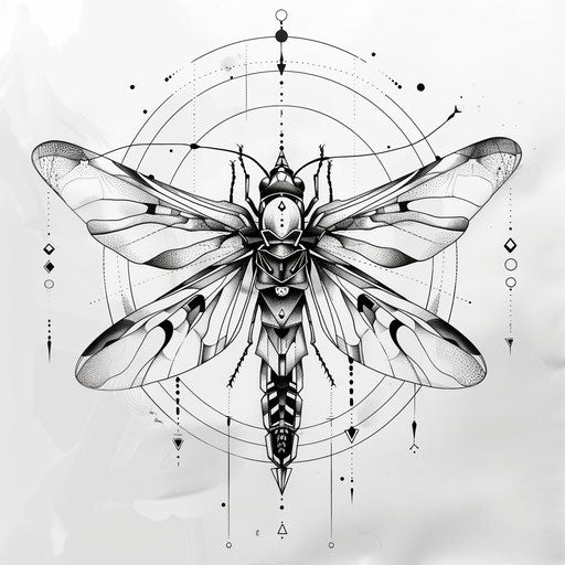 Artistic tattoo sketch of a firefly with abstract geometric patterns in monochrome clipart style