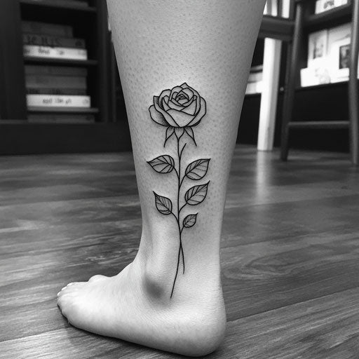 Rose tattoos for women with minimalist line art on ankle in Humberto Ramos style