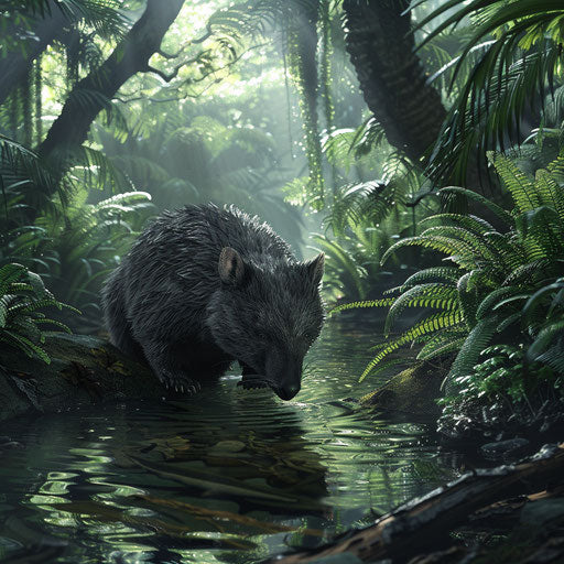 Wombat in a tranquil river surrounded by lush vegetation