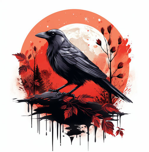 Crow on moon with raven on leaf isolated template vogue black