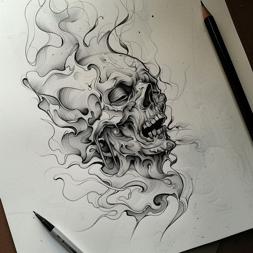 Dynamic flat tattoo sketch of a shrunken head with abstract swirling smoke