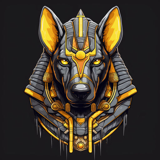 Egyptian pharaoh dog head in gothic style, silver and yellow