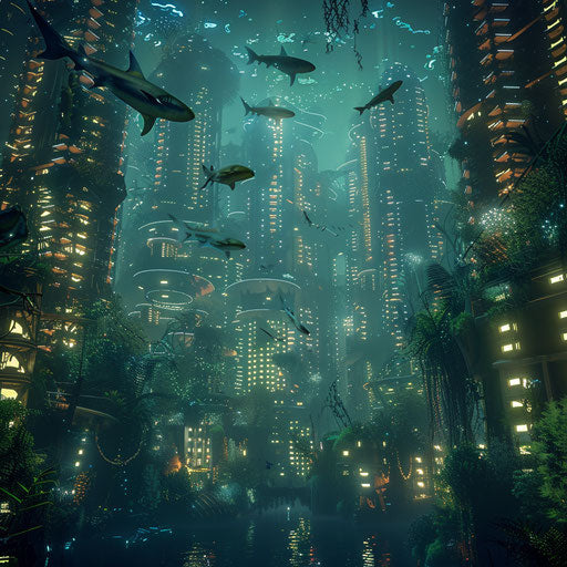 Futuristic underwater city lit by bioluminescent plants