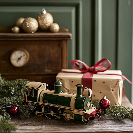 Vintage toy train set as Christmas gift near wooden decorations