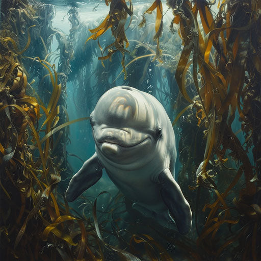 Smiling face of beluga whale in rich kelp forest
