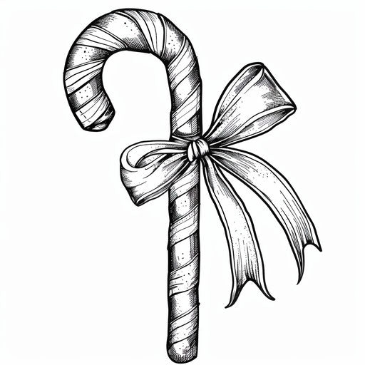 Candy cane tied with a festive ribbon. Coloring book page