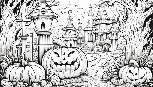 Coloring page with pumpkins and castles: hellish style