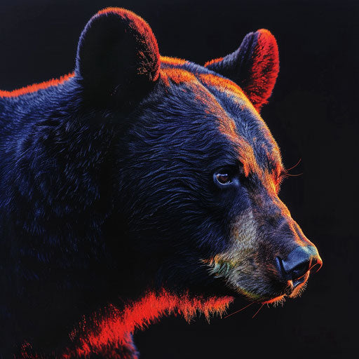Black bear at sunset, vibrant colors and striking contrast, in the style of Tim Flach