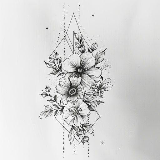Botanical geometric tattoo design on clean white background