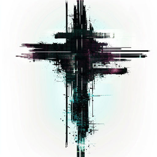 Strength cross tattoo with digital glitch art effect