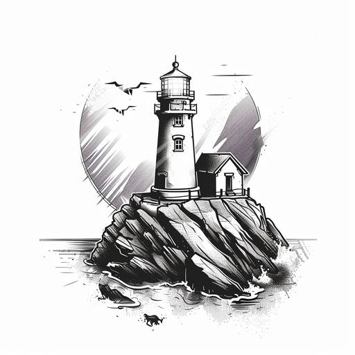 Bold black ink lighthouse tattoo design on white canvas