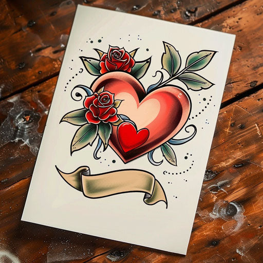 Old-school tattoo design with heart, banner, and roses