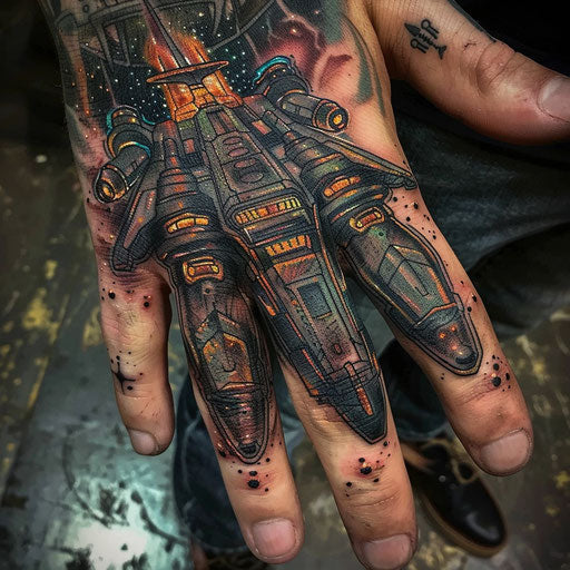Knuckle tattoos of a spaceship
