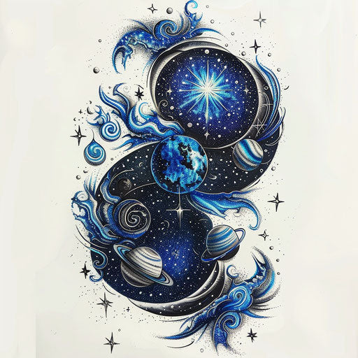 Space-themed tattoo sketch for 666 with stars and planets in dark blue and silver