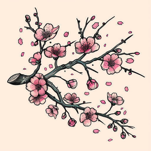 Flat tattoo sketch of pink sakura branches heavy with blossoms