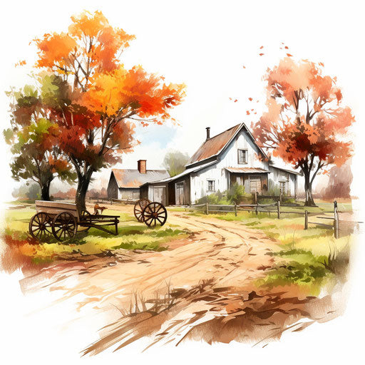 Country landscape in oil painting style on white background